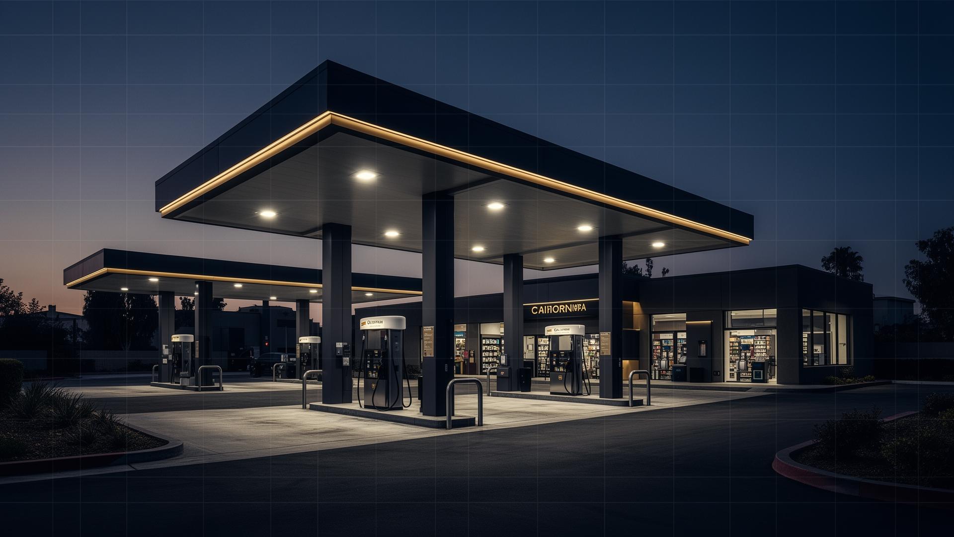 California public-access charging environment at dusk